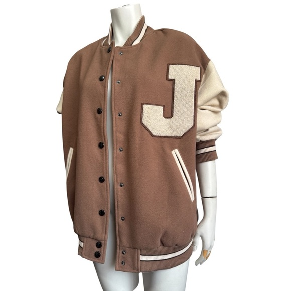 FASHION NOVA Oversized Varsity Jacket Best in Class J Mocha Combo Womens Small - Picture 9 of 17